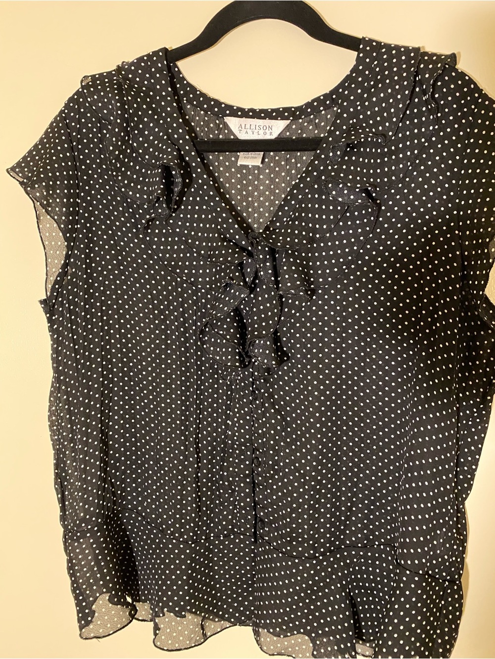 Allison Taylor Black and White Polka Dot Ruffle Cap Sleeve Blouse